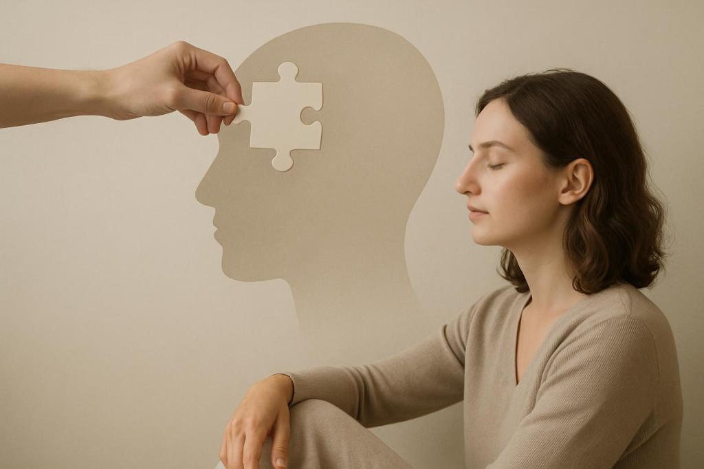 Toma una ficha puzle mientras otra mano la coloca en cabeza de la mujer.