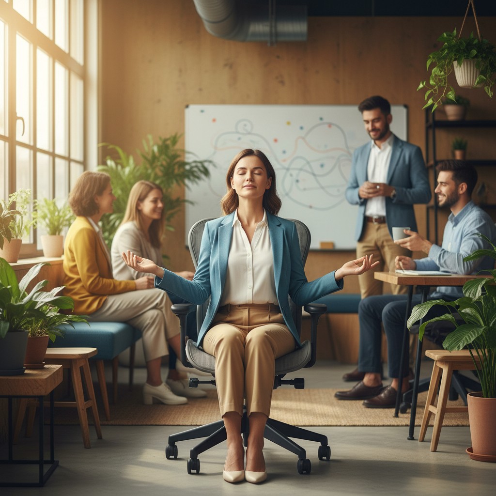 La imagen muestra a una mujer sentada en una silla de oficina, con los brazos levantados hacia los lados y los ojos cerrad...